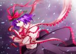 black_skirt bow capelet crossed_arms dutch_angle frills gradient gradient_background hat hat_bow hat_ribbon long_skirt long_sleeves looking_at_viewer nagae_iku open_hand open_mouth purple_background purple_hair raid_zero red_eyes ribbon shatter shawl short_hair simple_background skirt smile solo touhou wind