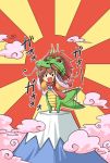  arms_up blush bow brooch brown_hair cloud coat dragon dragon_tail hair_ribbon jewelry mount_fuji open_mouth original red_hair redhead ribbon rising_sun scarf solid_circle_eyes standing tail tail_wagging viva!! whiskers 