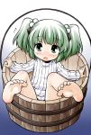  :o akou_roushi alternate_costume barefoot blush bottomless bucket child feet girl_in_bucket green_eyes green_hair hair_bobbles hair_ornament in_bucket in_container kisume looking_up naked_sweater no_nose no_pants open_mouth ribbed_sweater short_hair solo sweater touhou twintails 