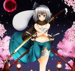  bandages bare_shoulders breasts cherry_blossoms cleavage dual_wielding full_moon ghost hairband highres hitodama katana konpaku_youmu konpaku_youmu_(ghost) lantern lystick moon mound_of_venus navel night no_shirt red_moon sarashi scabbard scarf sheath sheathed short_hair silver_hair skirt solo sword tanto torn_clothes torn_skirt touhou tree weapon 