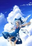  :d blue_dress blue_eyes blue_hair blush cirno cloud dress flying hair_ornament ice ice_wings miyakure open_mouth outstretched_arms ribbon short_hair sky smile solo spread_arms teeth touhou wings 