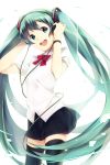  aqua_eyes aqua_hair black_legwear bowtie hair_ornament hands_on_headphones hatsune_miku headphones long_hair open_mouth short_sleeves skirt solo thigh-highs thighhighs twintails very_long_hair vocaloid weee_(raemz) zettai_ryouiki 