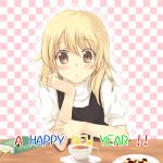  :o blonde_hair blush book brown_eyes checkered checkered_background cup food hiiragi_mitsuna holding holding_spoon kirisame_marisa long_hair new_year no_hat no_headwear plate solo spoon table touhou 