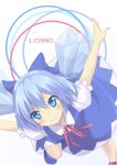  blue_eyes blue_hair bow character_name cirno dress hair_bow highres ribbon shinomome_haru short_hair smile solo touhou wings 