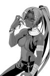  assassin_(fate/zero) bracelet breasts cleavage earrings fate/zero fate_(series) female_assassin_(fate/zero) highres hoop_earrings jewelry kazami_tomo knife mask mask_removed monochrome necklace ponytail solo under_boob underboob 