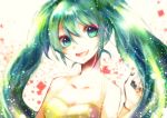  aqua_eyes aqua_hair bad_id bare_shoulders green_eyes green_hair hair_between_eyes hatsune_miku long_hair looking_at_viewer open_mouth sazanami_shione smile solo twintails vocaloid 