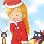  antlers black_hair blonde_hair blush cat child christmas closed_eyes coat eyes_closed hakase hakase_(nichijou) hat jinnouchi_akira long_hair multiple_girls neckerchief nichijou professor_shinonome reindeer sack sakamoto sakamoto_(nichijou) santa_costume santa_hat shinonome_nano short_hair tears yawning 