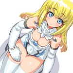  altrene bare_shoulders blonde_hair blue_eyes blush breasts busou_shinki cleavage dd_(artist) doll_joints elbow_gloves from_above gloves hand_on_thigh large_breasts looking_at_viewer looking_up simple_background smile solo thigh-highs thighhighs white_background white_gloves white_legwear 
