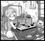  2girls braid cammy_white chopsticks eating figure food garrison_cap han_juri hat hiroyoshi_kira ken_masters leotard mochi monochrome multiple_girls sagat sleeping street_fighter television thong_leotard translated translation_request twin_braids wagashi 