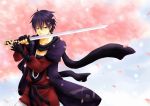  black_hair cherry_blossoms kaito katana male project_diva purple_eyes scarf sword violet_eyes vocaloid weapon 
