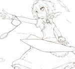  apron arai_seiryuu arm_garter brooch clock dress frilled_dress frills izayoi_sakuya jewelry knife maid maid_headdress monochrome open_mouth outstretched_arm outstretched_hand pocket_watch short_hair solo throwing_knife touhou watch weapon 