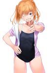  face flat_chest foreshortening grin hand_on_hip hands head_tilt highres hips imaoka one-piece_swimsuit orange_hair pointing pointing_at_viewer purple_eyes school_swimsuit smile swimsuit twintails violet_eyes wink 