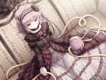  ahoge akashio_(loli_ace) alternate_costume choker couch dress dutch_angle expressionless eyeball flower frilled_skirt gothic_lolita hairband holding komeiji_satori lace lace-up_sleeves lolita_fashion pink_eyes pink_hair pink_rose plaid ribbon rose sitting solo third_eye touhou 