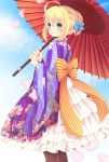  ahoge blonde_hair fate/stay_night fate_(series) green_eyes hair_ribbon highres japanese_clothes kimono kimono_skirt lolita_fashion makosuke parasol petals ribbon saber solo umbrella wa_lolita 