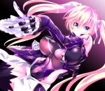  bad_id bare_shoulders black_legwear blush bodysuit breasts detached_sleeves gloves hair_ribbon highres large_breasts long_hair looking_at_viewer mitsurugi_aoi navel original pink_hair pointing ribbon skin_tight smile solo thigh-highs thighhighs twintails very_long_hair 