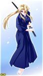  1girl barefoot blonde_hair blue_eyes bushido character_request feet female fighting_stance hair_over_one_eye hakama japanese_clothes jewelry katana kimono kkr necklace omc payot ponytail ready_to_draw samurai solo sword weapon 