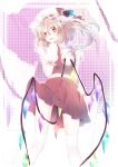 bare_back blonde_hair fang flandre_scarlet flower from_behind hat highres looking_at_viewer looking_back midriff red_eyes riichu short_hair side_ponytail simple_background skirt skirt_lift smile solo the_embodiment_of_scarlet_devil thigh-highs thighhighs touhou white_legwear wings 
