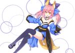  animal_ears bare_shoulders binsen bow breasts caster_(fate/extra) cleavage detached_sleeves fate/extra fate_(series) fox_ears fox_tail hair_bow hair_ribbon highres japanese_clothes pink_hair ribbon smile solo tail thigh-highs thighhighs twintails yellow_eyes 
