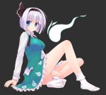  arm_support bare_legs blue_eyes blush bob_cut bobby_socks breasts dress_shirt feet footwear grey_eyes hairband highres impossible_clothes konpaku_youmu konpaku_youmu_(ghost) naturalton no_shoes shirt short_hair silver_eyes silver_hair simple_background sitting skirt smile socks soles solo toes touhou untied vest white_hair white_legwear 