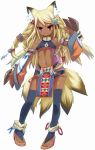  absurdres animal_ears artist_request braid breasts character_request copyright_request dark_skin detached_sleeves fox_ears fox_tail hair_ornament highres multiple_braids multiple_tails navel red_eyes simple_background smile solo standing tail toeless_legwear toeless_socks toes tribal underboob 