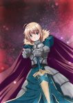  ahoge armor armored_dress avalon(fate/stay_night) avalon_(fate/stay_night) blonde_hair cape dress excalibur fate/stay_night fate_(series) gauntlets green_eyes hair_ribbon highres ribbon saber scabbard sheath solo sword weapon weavehabit 