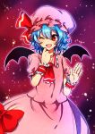  ;d bat_wings blue_hair bow fang hat highres open_mouth raised_hand red_eyes remilia_scarlet smile solo touhou tyeinn-suineryuu wings wink wrist_cuffs 