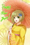  2012 blonde_hair flower green_eyes hair_ornament hairclip highres huang_baoling japanese_clothes kimono new_year obi parasol short_hair solo tiger_&amp;_bunny tomato-ed umbrella 