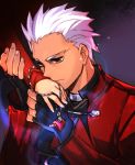  archer dark_skin empew fate/stay_night fate_(series) fingerless_gloves gloves grey_eyes hands jewelry male necklace tohsaka_rin toosaka_rin white_hair 