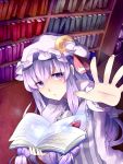  bad_id book bow crescent dress hair_bow hat holding holding_book meronpanna_(mikoniito) open_book patchouli_knowledge purple_eyes purple_hair solo touhou violet_eyes 