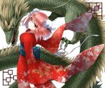  bandage bandages bon breasts bun_cover claws double_bun dragon eastern_dragon hair_bun ibara_kasen ibaraki_kasen japanese_clothes kimono leaning_back looking_at_viewer looking_back obi red_eyes red_hair redhead ribbon short_hair solo touhou yellow_eyes 