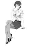  adult blush bra breasts choker cleavage crossed_legs female glasses hakamichi_shizune high_heels katawa_shoujo large_breasts legs_crossed lingerie moekki monochrome nail_polish office_lady pantyhose shirt shoes short_hair sitting skirt sleeves_rolled_up solo spot_color unbuttoned underwear wink 