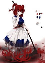  bad_id clog_sandals coin digital001 flower hair_bobbles hair_ornament jpeg_artifacts obi onozuka_komachi red_eyes red_hair redhead scythe simple_background smile solo spider_lily standing touhou twintails weapon 