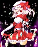  a_c_for_p alternate_hair_color black_legwear blonde_hair bow covering covering_face covering_mouth crystal flandre_scarlet hat hat_bow long_sleeves looking_at_viewer looking_back red_eyes scarf silver_hair skirt sleeves_past_wrists solo the_embodiment_of_scarlet_devil thigh-highs thighhighs touhou wings zettai_ryouiki 