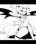  arai_seiryuu bat_wings bow dress fang hat hat_ribbon highres letterboxed lineart monochrome open_mouth outstretched_hand remilia_scarlet ribbon short_hair smile solo striped striped_legwear thigh-highs thighhighs touhou wings zettai_ryouiki 