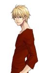  blonde_hair blue_eyes casual dm_(kwonsj88) fate/prototype fate_(series) green_eyes kwonsj88 male saber_(fate/prototype) short_hair simple_background solo white_background 