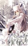  artist_request avalon_(fate/stay_night) boots coat fate/zero fate_(series) flower fur_hat hat irisviel_von_einzbern konoe_ototsugu long_hair pantyhose sheath sitting snow solo source_request thigh-highs thigh_boots thighhighs white_hair 