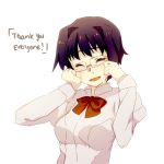  :d blue_hair bowtie breasts bust closed_eyes english eyes_closed glasses hakamichi_shizune katawa_shoujo lowres open_mouth puffy_sleeves school_uniform shirt short_hair simple_background smile solo tears text weee_(raemz) white_background wiping_tears 