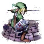  blonde_hair blue_eyes boots from_above gloves highres imaoka link male nintendo pointy_ears shield solo sword the_legend_of_zelda twilight_princess weapon 