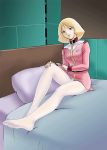  bed blanket blonde_hair blue_eyes feet gundam legs long_legs military military_uniform mobile_suit_gundam pantyhose pillow sayla_mass short_hair sitting solo thighs uniform uraharukon white_legwear 