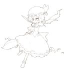  arai_seiryuu arm_garter bat bow dress fang frilled_dress frills hat hat_ribbon highres leg_up monochrome outstretched_arm outstretched_hand remilia_scarlet ribbon solo spear_the_gungnir touhou wings 