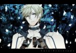  armor blonde_hair blue_eyes fate/prototype fate_(series) green_eyes letterboxed male petals rasshel saber_(fate/prototype) short_hair solo title_drop 