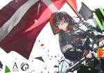  armband black_eyes black_hair crescent cross dutch_angle english flag glasses highres hime_cut holding hoodie katana lin+ long_hair looking_at_viewer open_mouth original sheath signature solo sword unsheathing weapon 