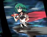  :&gt; antennae arm_behind_back arm_up baton blur blurry cape dress_shirt green_eyes green_hair hitsuji_bako motion_blur night pants pinky_out shirt short_hair solo touhou wind wriggle_nightbug 