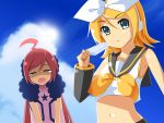  ahoge blonde_hair blue_eyes cloud earmuffs hair_ornament hair_ribbon hairclip headphones highres kagamine_rin looking_at_viewer miki miki_(vocaloid) multiple_girls navel pink_hair popsicle ribbon sf-a2_miki short_hair sky vocaloid yakitori-oni yakitori_(oni) 