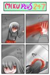  4koma blood blood_on_face bloody_tears catstudio_(artist) collapsed comic crazy_eyes crazy_smile empty_eyes faceplant grey_eyes grey_hair highres long_hair pool_of_blood rape_face red_eyes shirt skirt solo sukone_tei thai translated utau vocaloid 