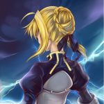  ahoge armor blonde_hair dress electricity fate/stay_night fate_(series) from_behind gauntlets hair_ribbon puffy_sleeves ribbon saber solo vilor 