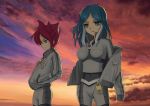  1girl blue_eyes blue_hair bodysuit cloud green_eyes inazuma_eleven inazuma_eleven_(series) jacket kiyama_hiroto mocha multicolored_hair red_hair redhead short_hair sky sunset the_genesis urubida white_hair yagami_reina 