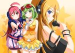  ahoge blonde_hair blue_eyes earmuffs gloves goggles goggles_on_head green_eyes green_hair gumi headphones lily_(vocaloid) long_hair microphone miki miki_(vocaloid) multiple_girls red_eyes red_hair redhead sf-a2_miki short_hair smile vocaloid wink yakitori-oni yakitori_(oni) 