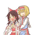  :d ^_^ alice_margatroid alternate_eye_color blonde_hair blush bow brown_hair capelet closed_eyes eyes_closed frills from_behind hair_bow hair_tubes hairband hakurei_reimu japanese_clothes large_bow miko multiple_girls natsuk open_mouth slit_pupils smile touhou yellow_eyes 