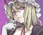  blonde_hair bust close-up closed_eyes collarbone colored_eyelashes dress elbow_gloves eyelashes eyes_closed face finger_to_mouth frown gloves hands hat long_hair looking_at_viewer purple_background purple_dress purple_eyes ribbon ribbon_choker short_hair simple_background solo touhou uousa violet_eyes white_gloves yakumo_yukari 